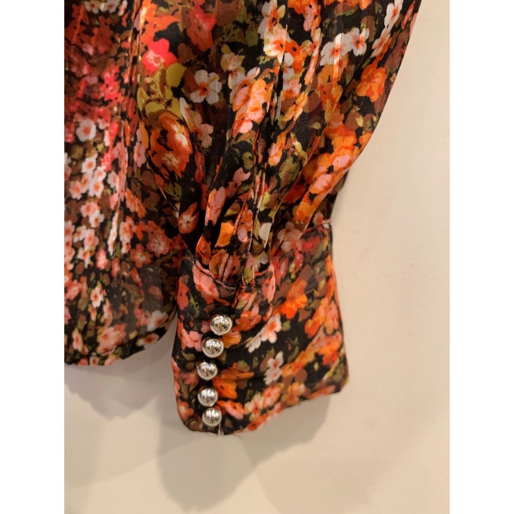 H&M Women Floral Blouse L Orange Black Cottagecore Mock Neck Balloon Sleeve - Picture 4 of 10